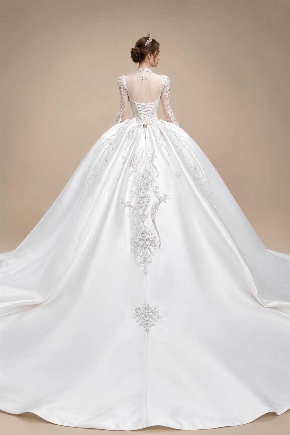Luxury Long Sleeve Ivory Wedding Dress with Crystal Embroidered Details ZP162
