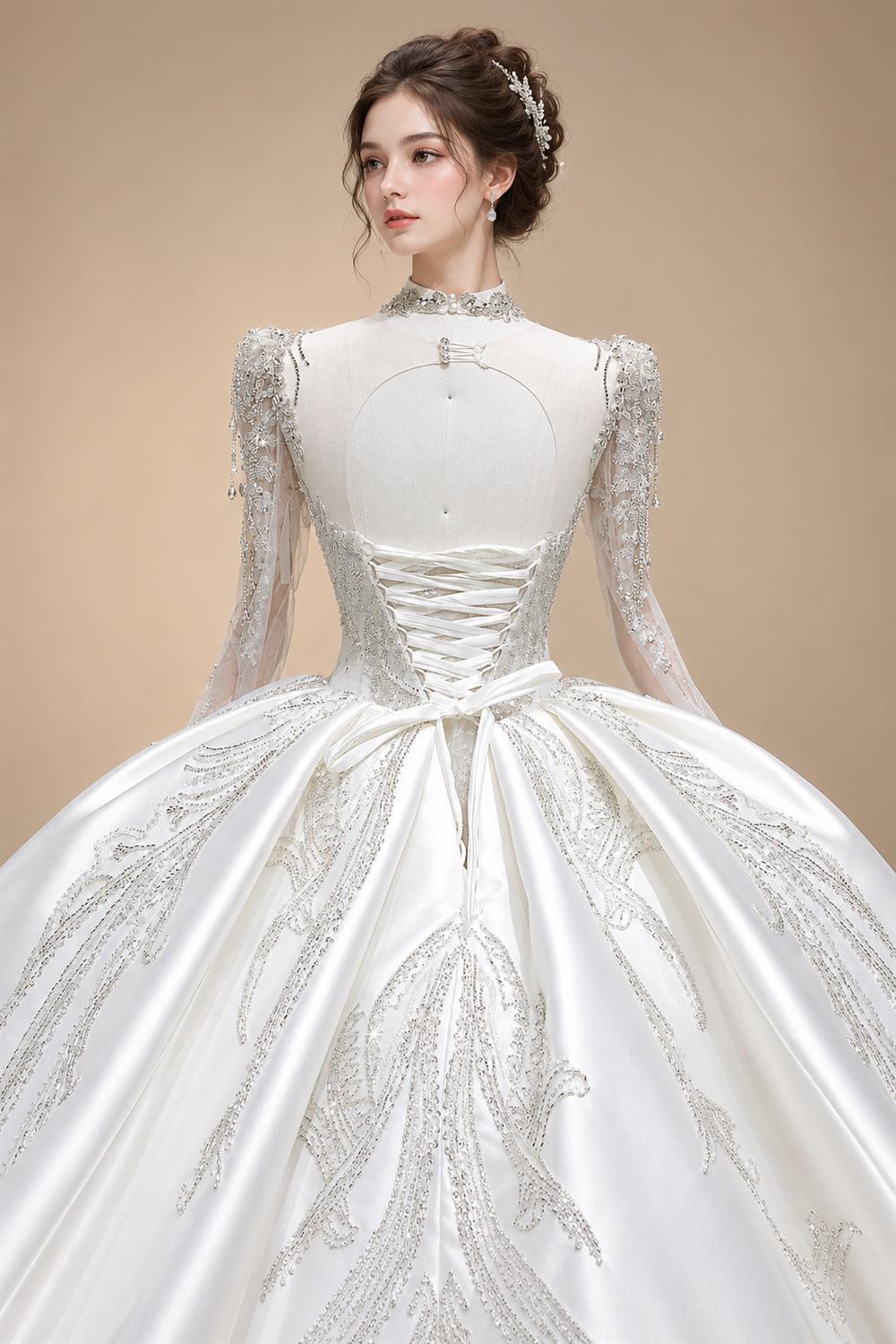 Luxury Long Sleeve Ivory Wedding Dress with Crystal Embroidered Details ZP162