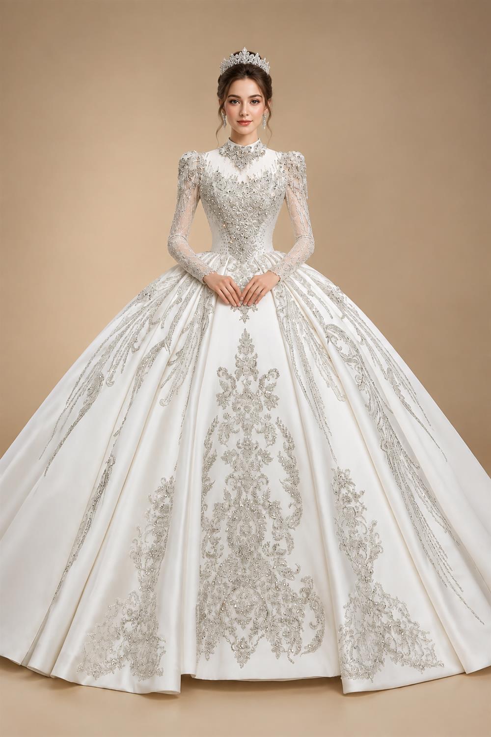 Luxury Long Sleeve Ivory Wedding Dress with Crystal Embroidered Details ZP162