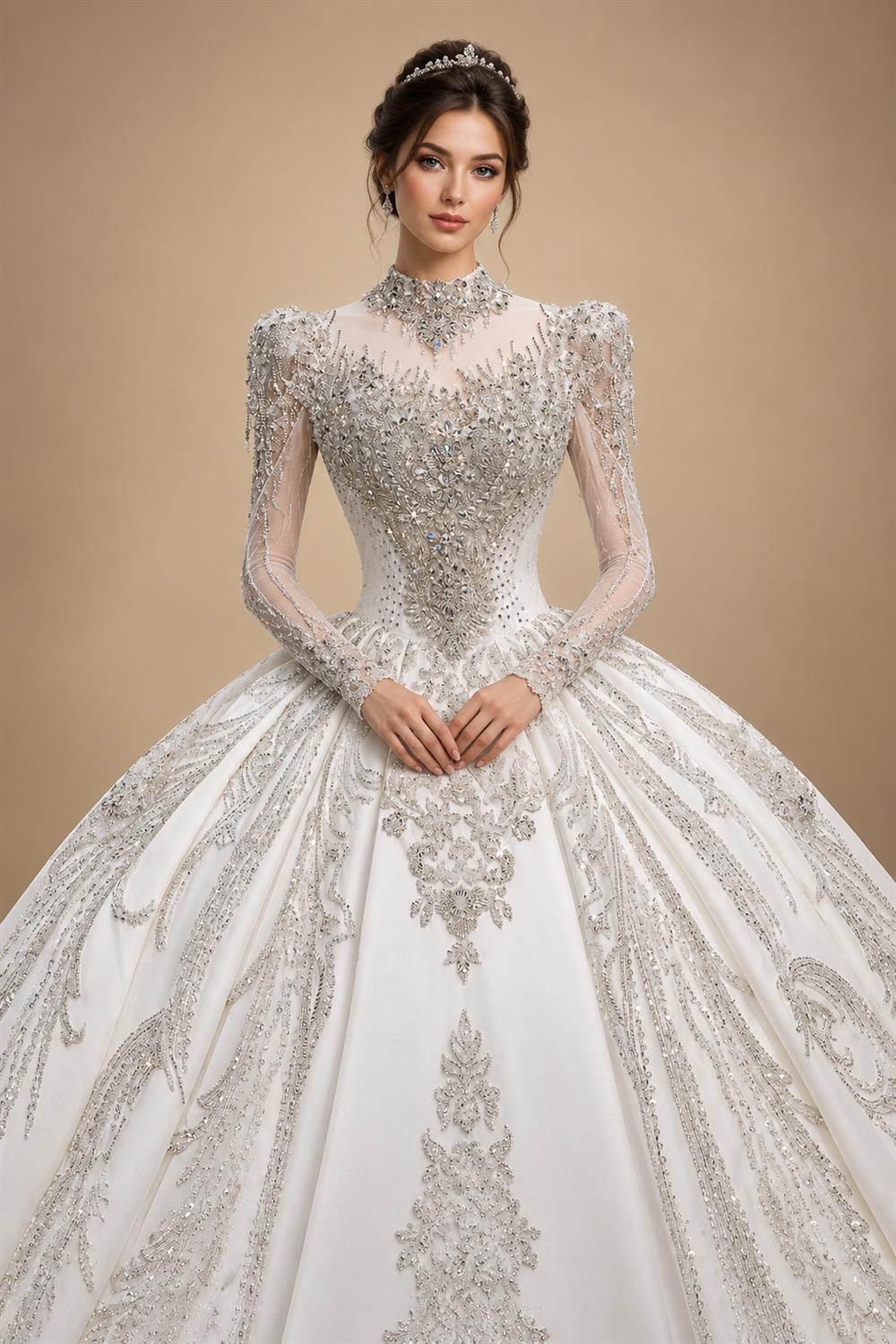 Luxury Long Sleeve Ivory Wedding Dress with Crystal Embroidered Details ZP162