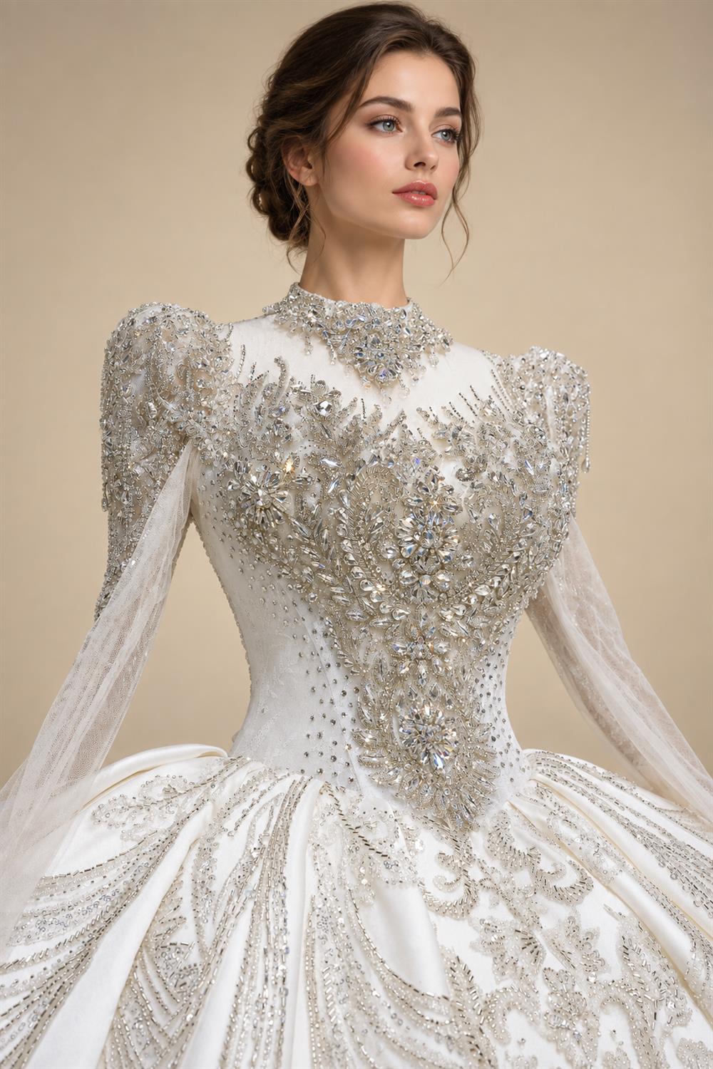 Luxury Long Sleeve Ivory Wedding Dress with Crystal Embroidered Details ZP162