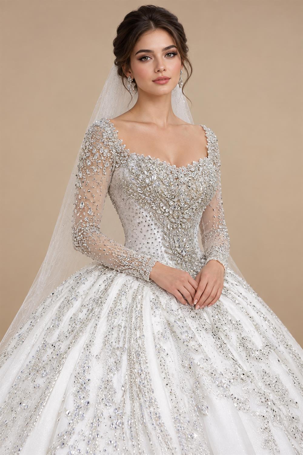 Luxury Long Sleeve Ivory Wedding Dress with Crystal Embroidered Details ZP162