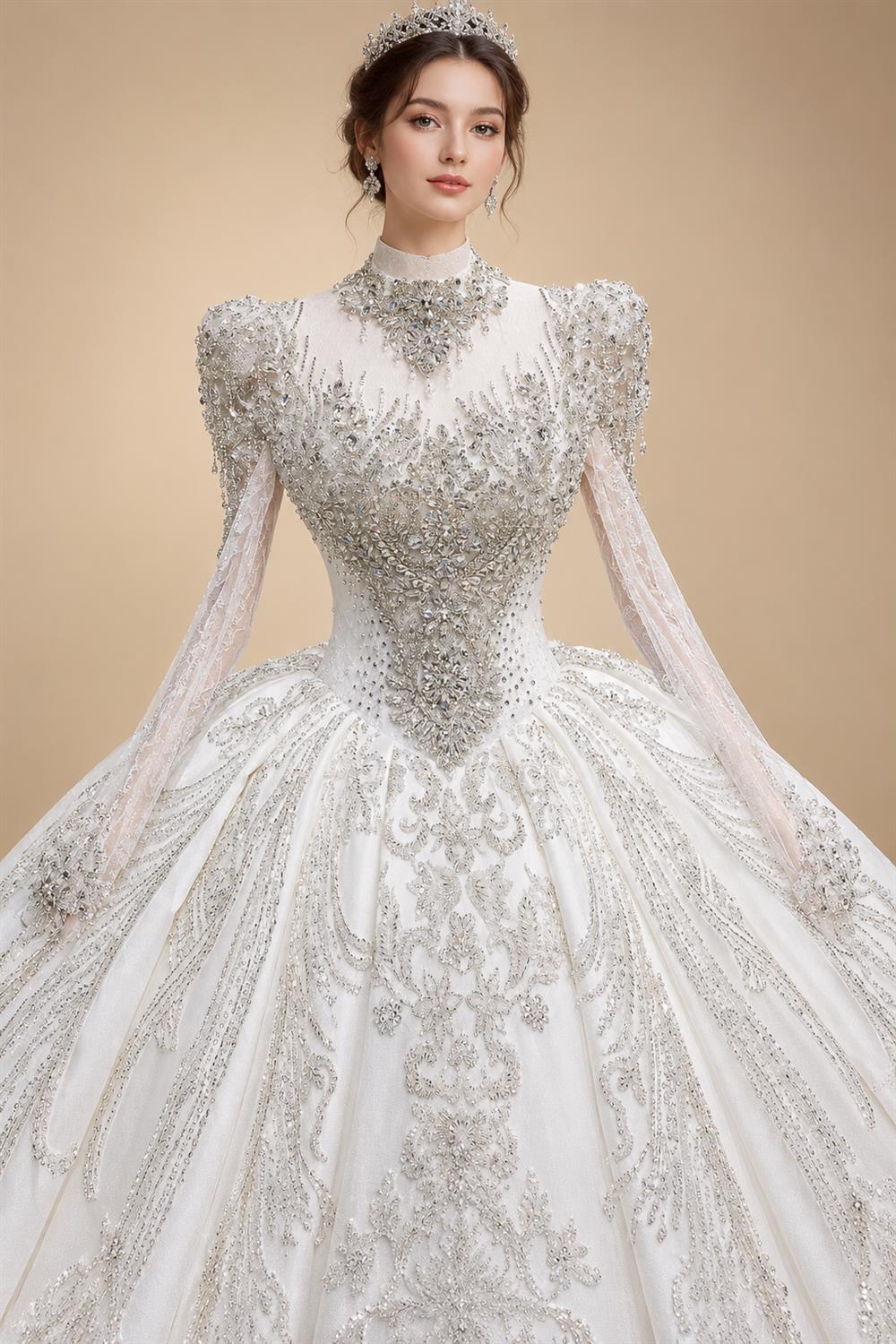 Luxury Long Sleeve Ivory Wedding Dress with Crystal Embroidered Details ZP162