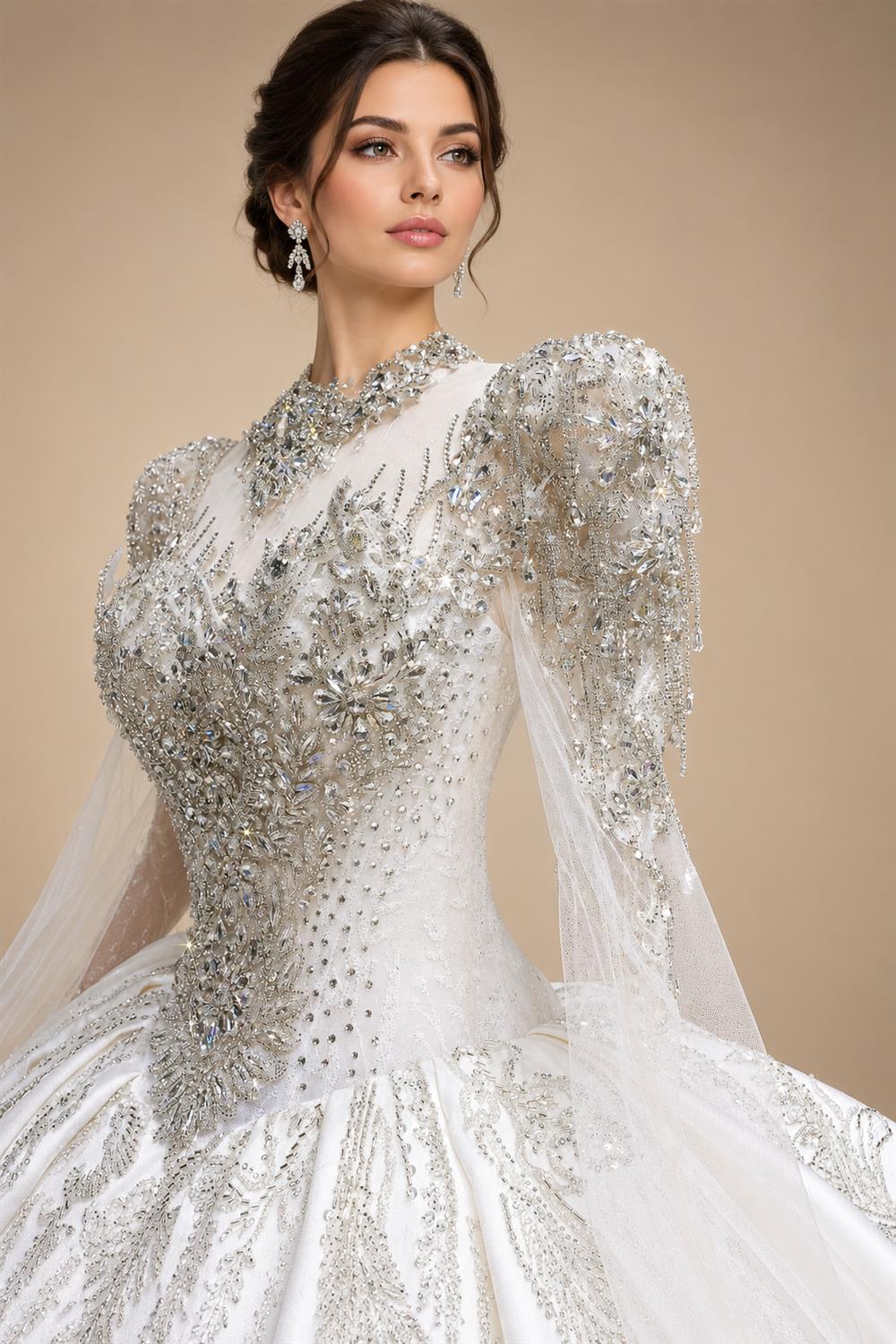 Luxury Long Sleeve Ivory Wedding Dress with Crystal Embroidered Details ZP162