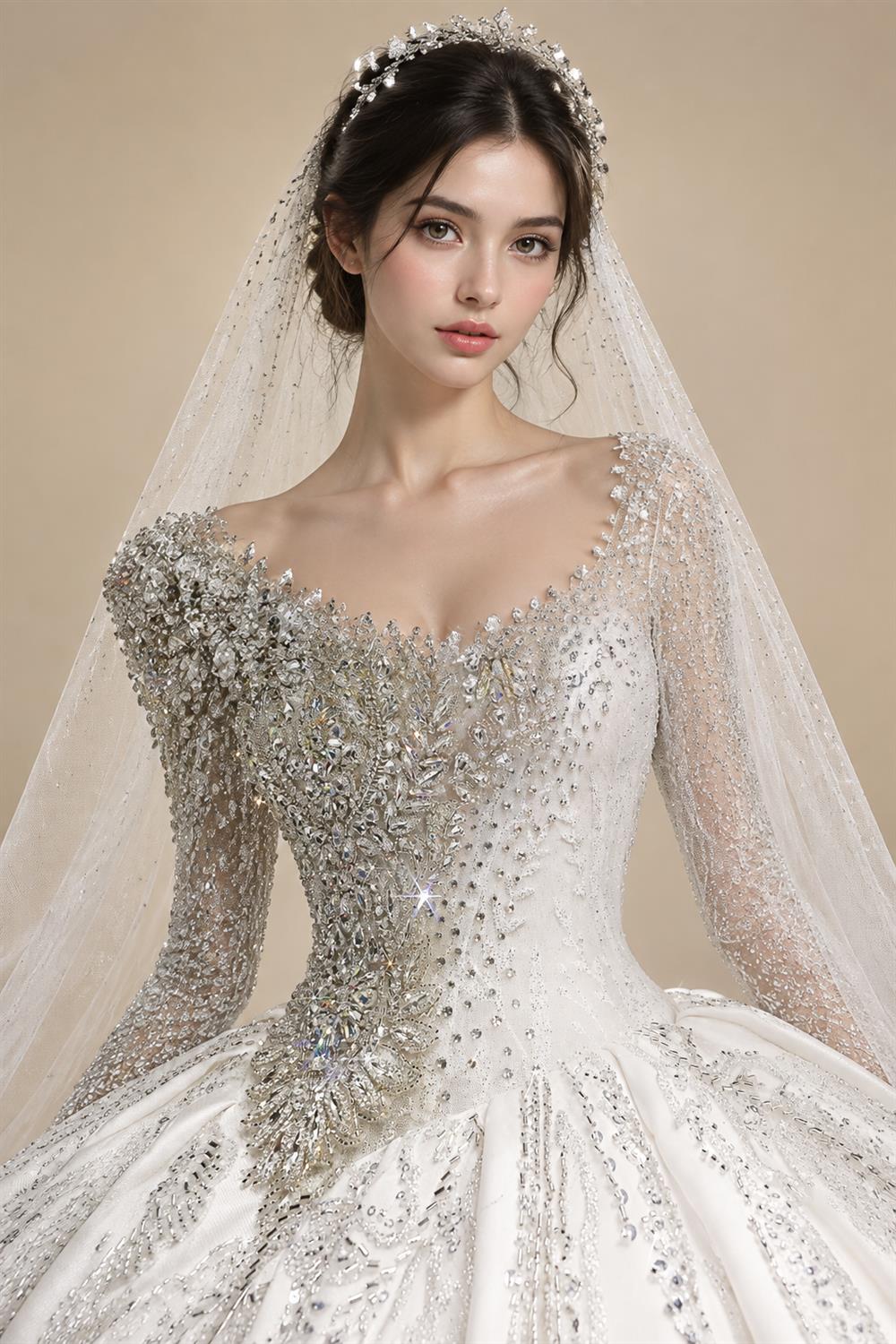 Luxury Long Sleeve Ivory Wedding Dress with Crystal Embroidered Details ZP162