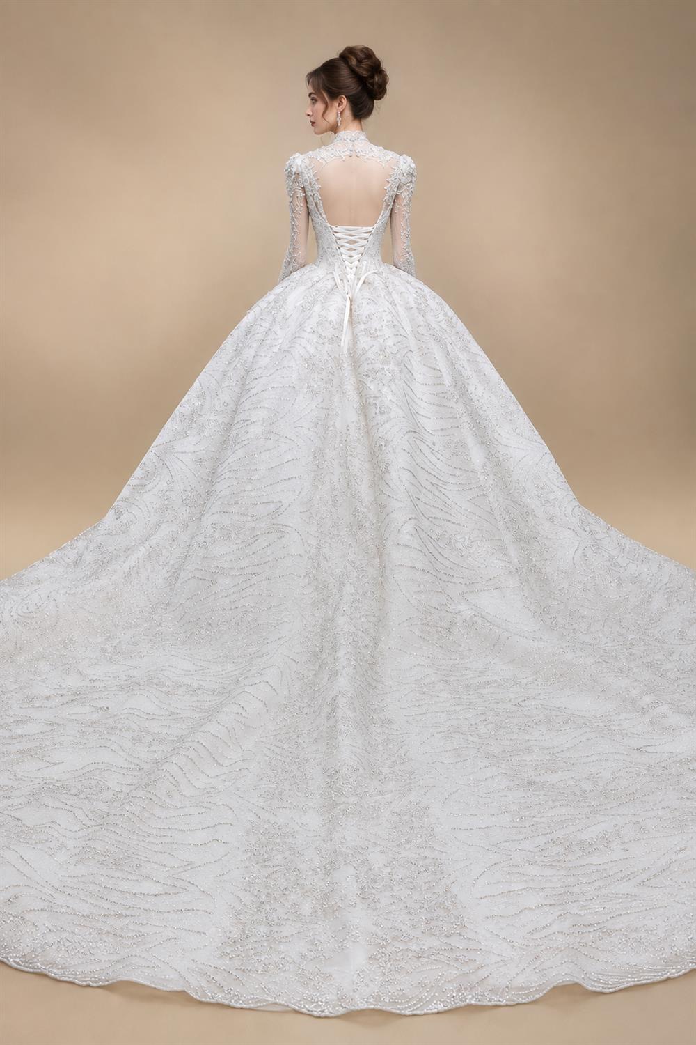 Glamorous White Diamond Embroidered Long Sleeve Wedding Dress ZP163