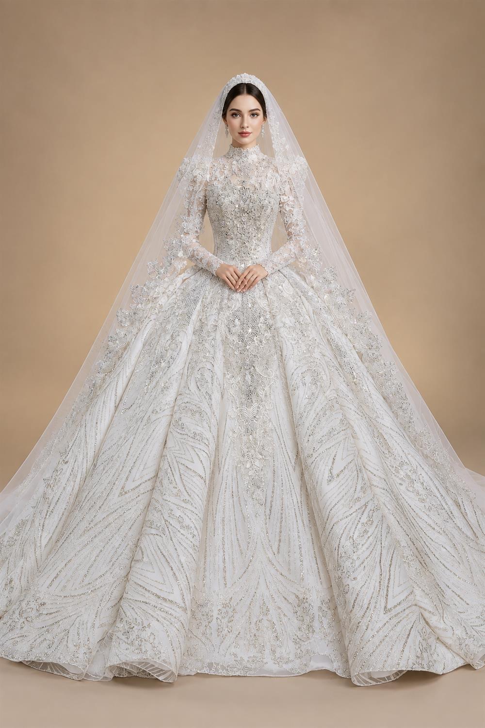 Glamorous White Diamond Embroidered Long Sleeve Wedding Dress ZP163