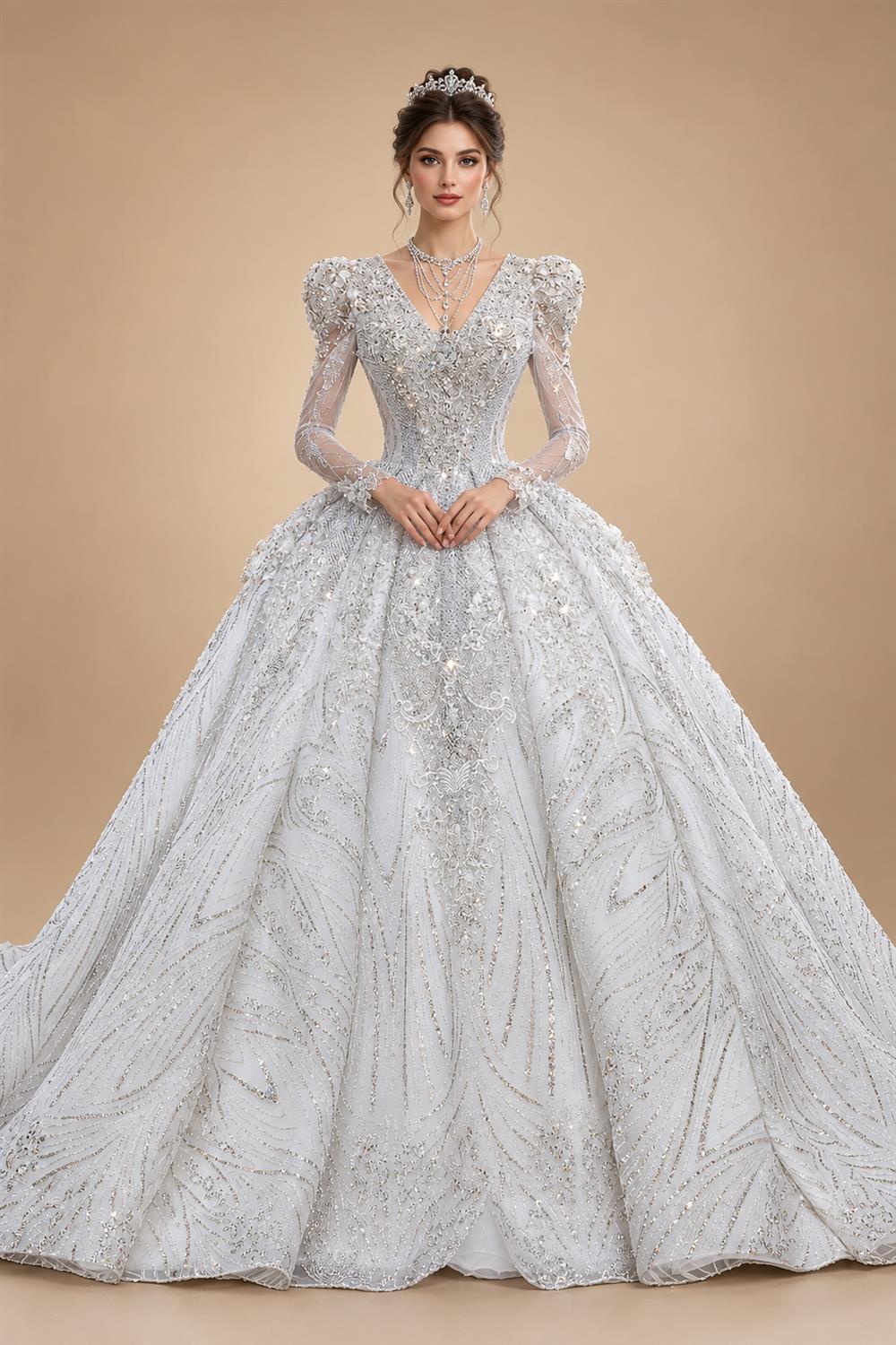 Glamorous White Diamond Embroidered Long Sleeve Wedding Dress ZP163