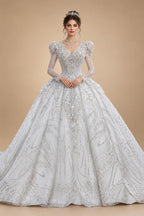 Glamorous White Diamond Embroidered Long Sleeve Wedding Dress ZP163