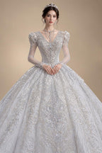 Glamorous White Diamond Embroidered Long Sleeve Wedding Dress ZP163