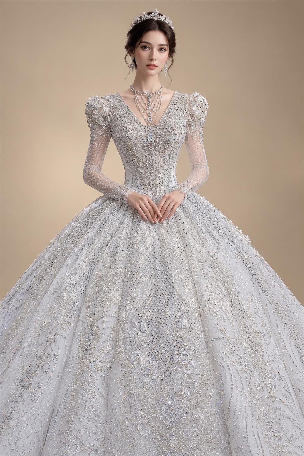Glamorous White Diamond Embroidered Long Sleeve Wedding Dress ZP163