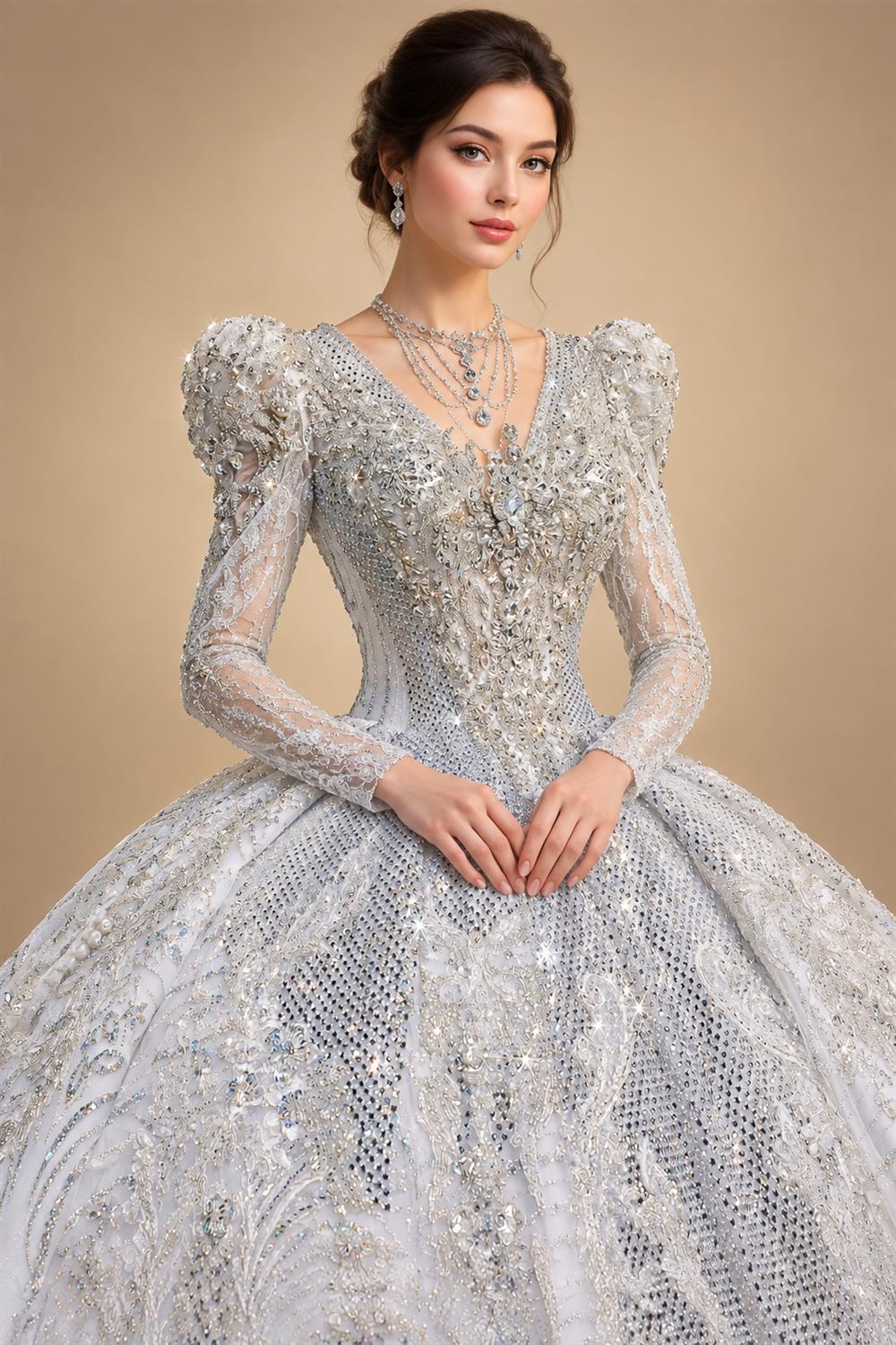 Glamorous White Diamond Embroidered Long Sleeve Wedding Dress ZP163