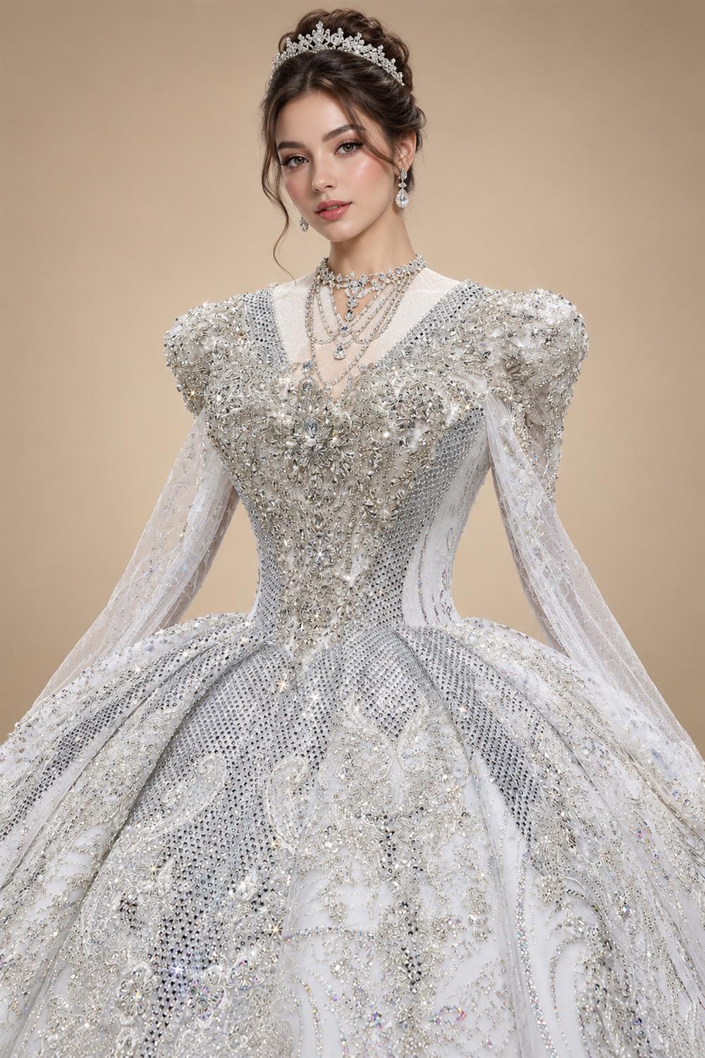 Glamorous White Diamond Embroidered Long Sleeve Wedding Dress ZP163