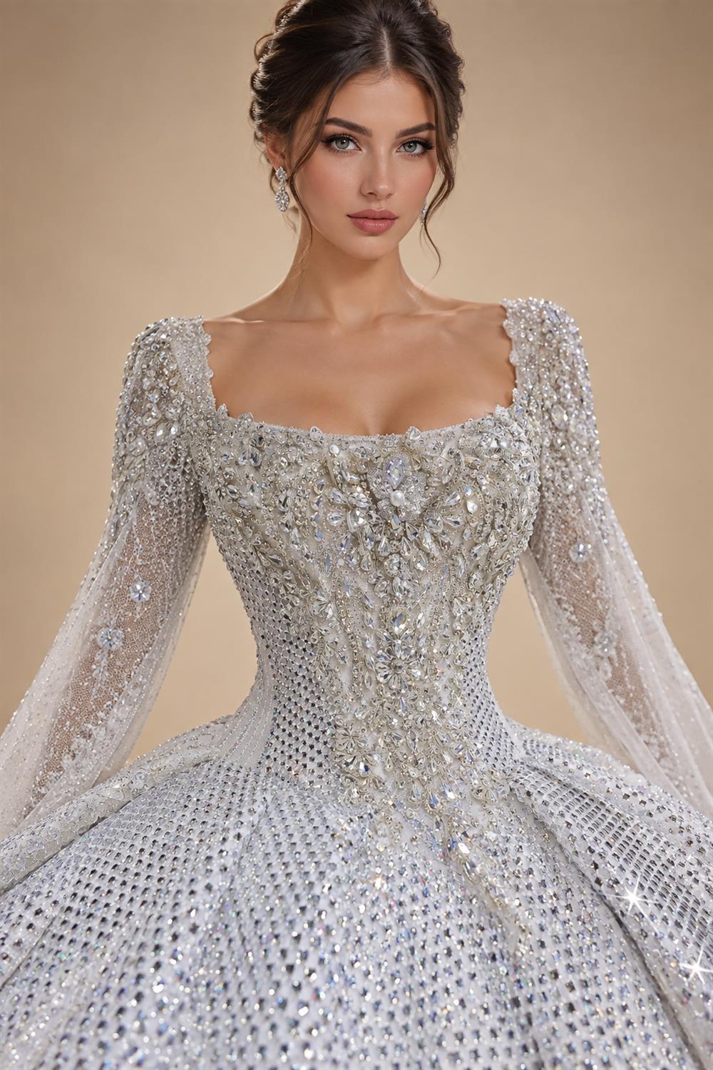 Glamorous White Diamond Embroidered Long Sleeve Wedding Dress ZP163