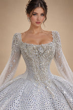 Glamorous White Diamond Embroidered Long Sleeve Wedding Dress ZP163