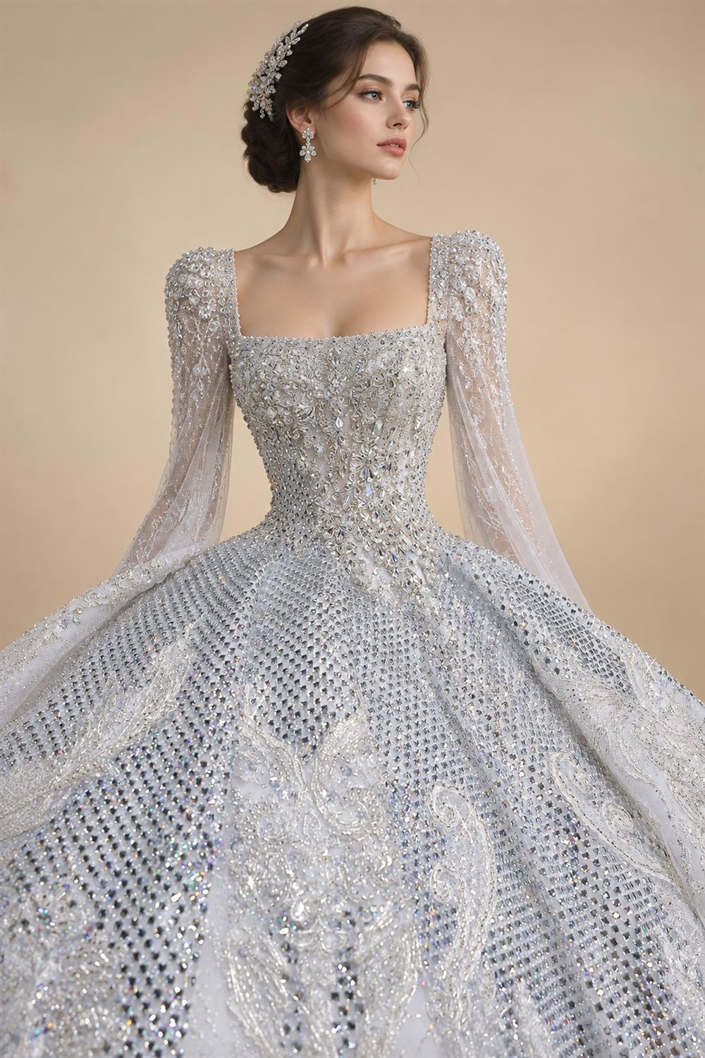 Glamorous White Diamond Embroidered Long Sleeve Wedding Dress ZP163