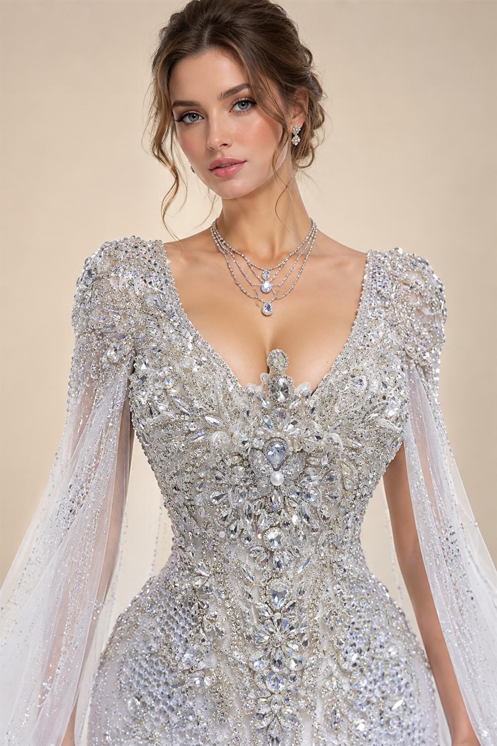 Glamorous White Diamond Embroidered Long Sleeve Wedding Dress ZP163