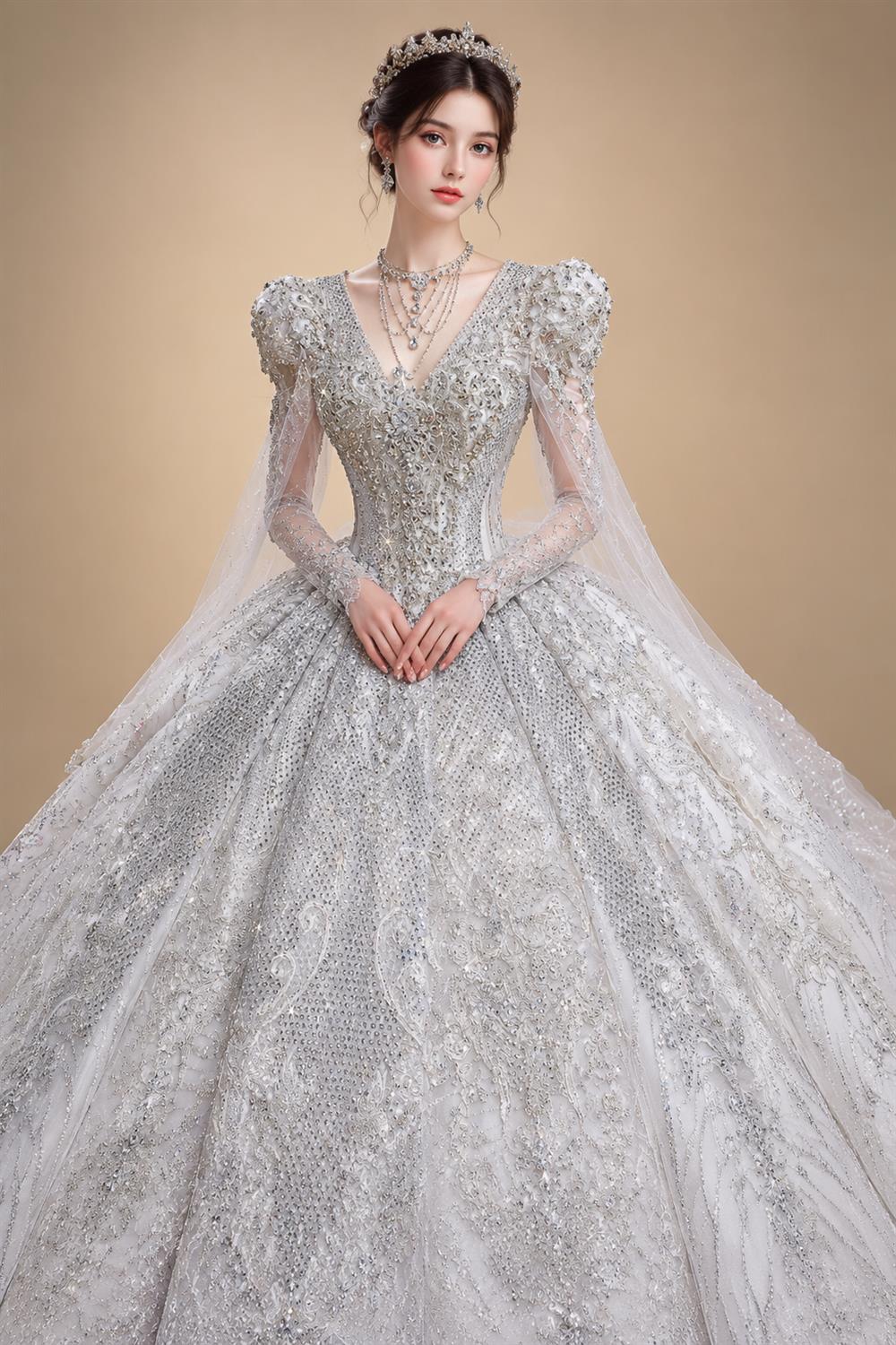 Glamorous White Diamond Embroidered Long Sleeve Wedding Dress ZP163