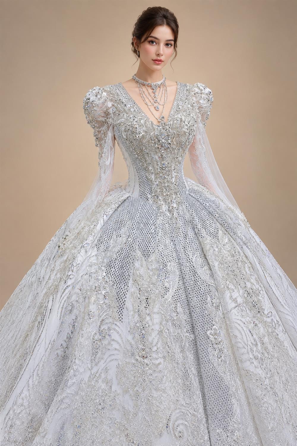 Glamorous White Diamond Embroidered Long Sleeve Wedding Dress ZP163