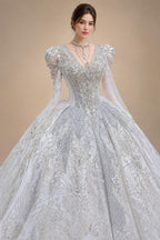 Glamorous White Diamond Embroidered Long Sleeve Wedding Dress ZP163