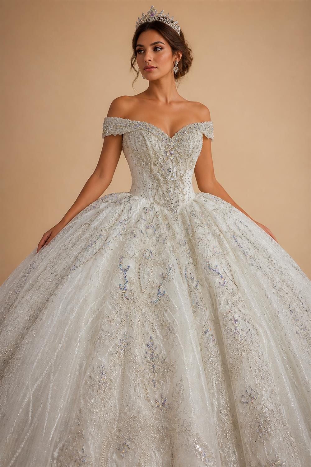Luxury Sparkly White Ball Gown with Full-Sequin Embroidery Wedding Dress ZP164