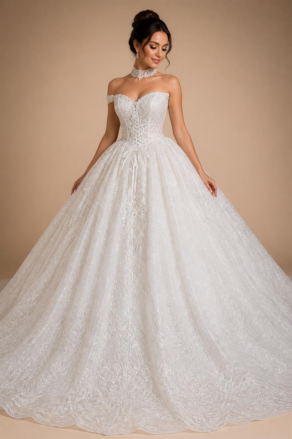 Luxury Sparkly White Ball Gown with Full-Sequin Embroidery Wedding Dress ZP164