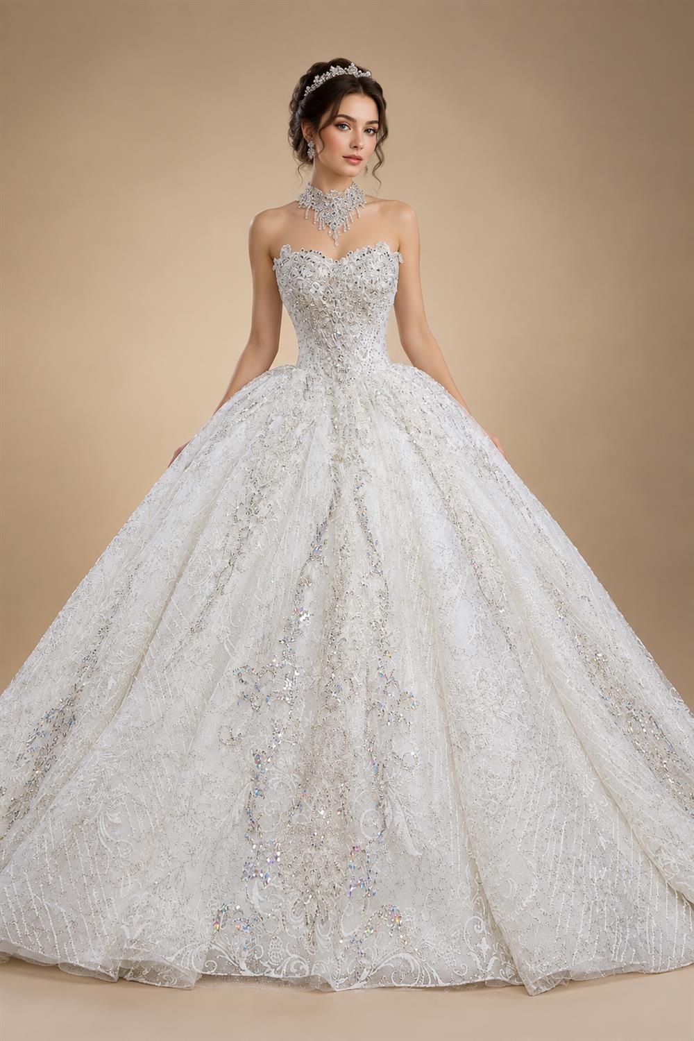 Luxury Sparkly White Ball Gown with Full-Sequin Embroidery Wedding Dress ZP164