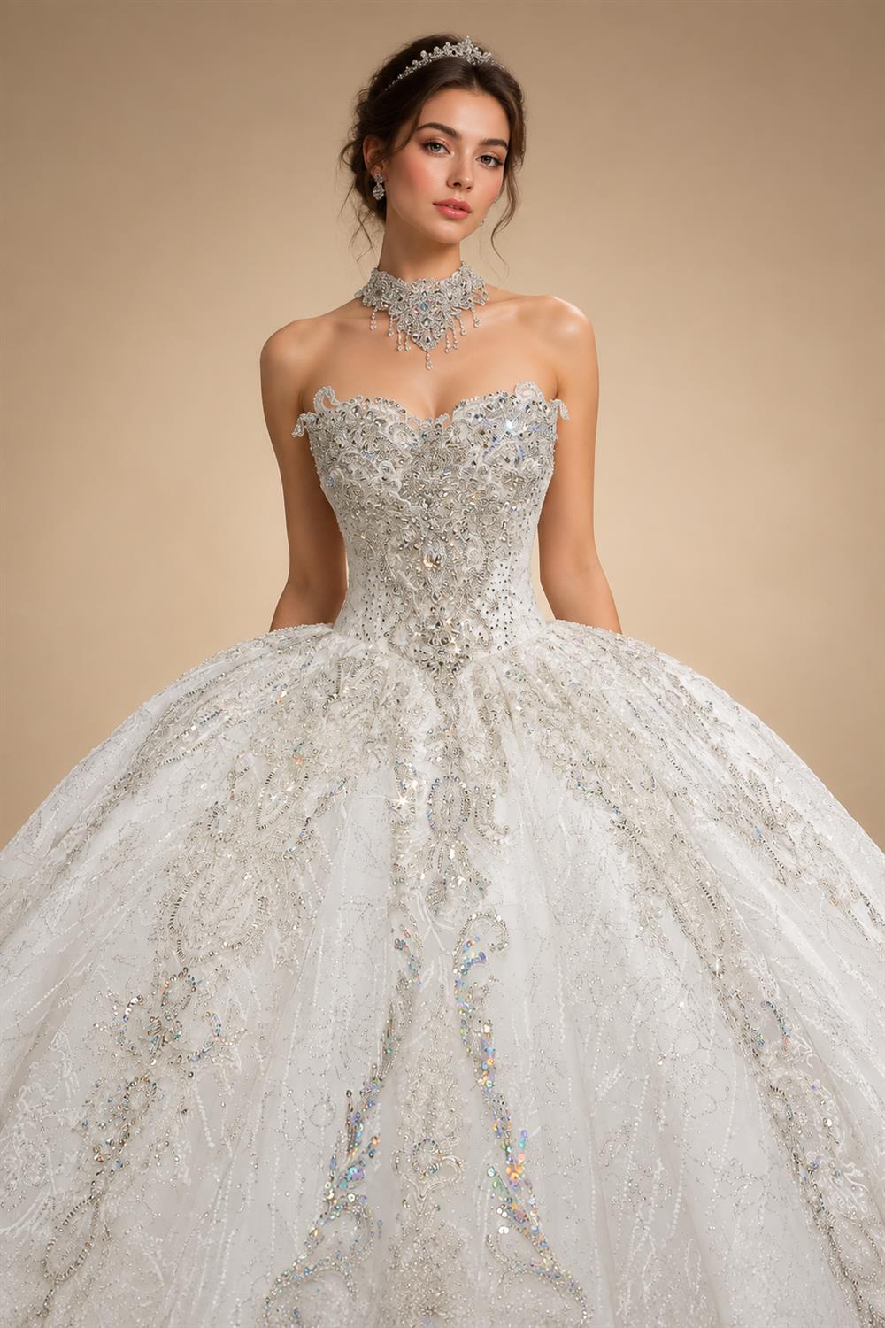 Luxury Sparkly White Ball Gown with Full-Sequin Embroidery Wedding Dress ZP164