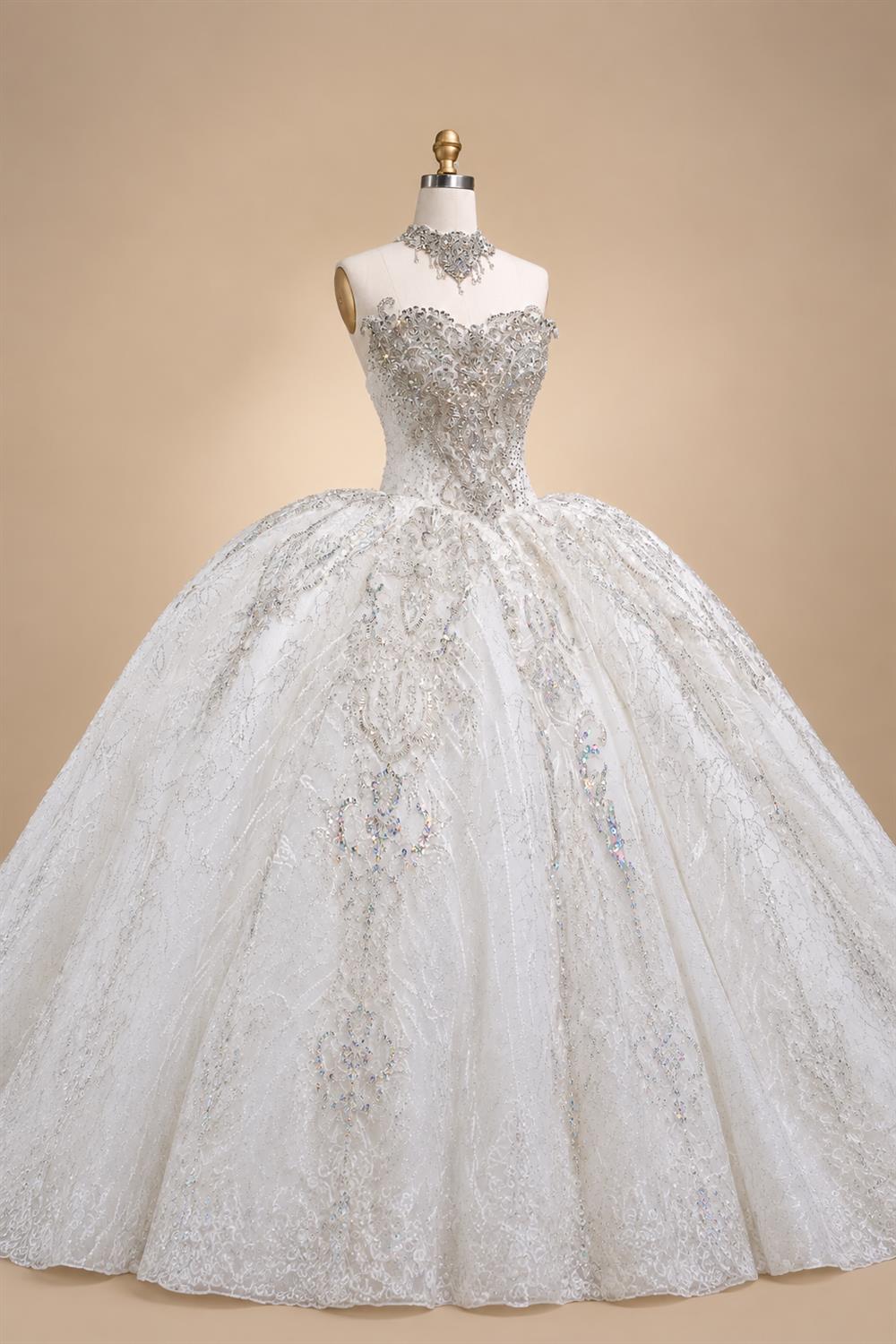 Luxury Sparkly White Ball Gown with Full-Sequin Embroidery Wedding Dress ZP164
