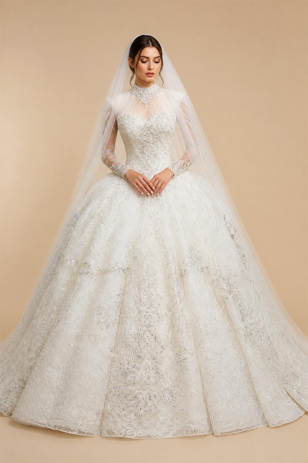 Luxury Sparkly White Ball Gown with Full-Sequin Embroidery Wedding Dress ZP164