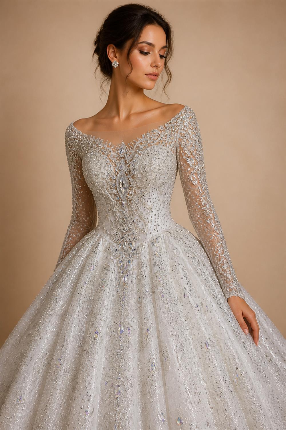 Luxury Sparkly White Ball Gown with Full-Sequin Embroidery Wedding Dress ZP164