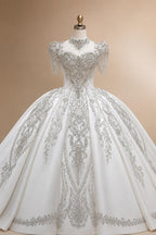 Luxury Satin Ivory Ball Gown with Silver Floral Embroidery Wedding Dress ZP165