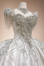 Luxury Satin Ivory Ball Gown with Silver Floral Embroidery Wedding Dress ZP165