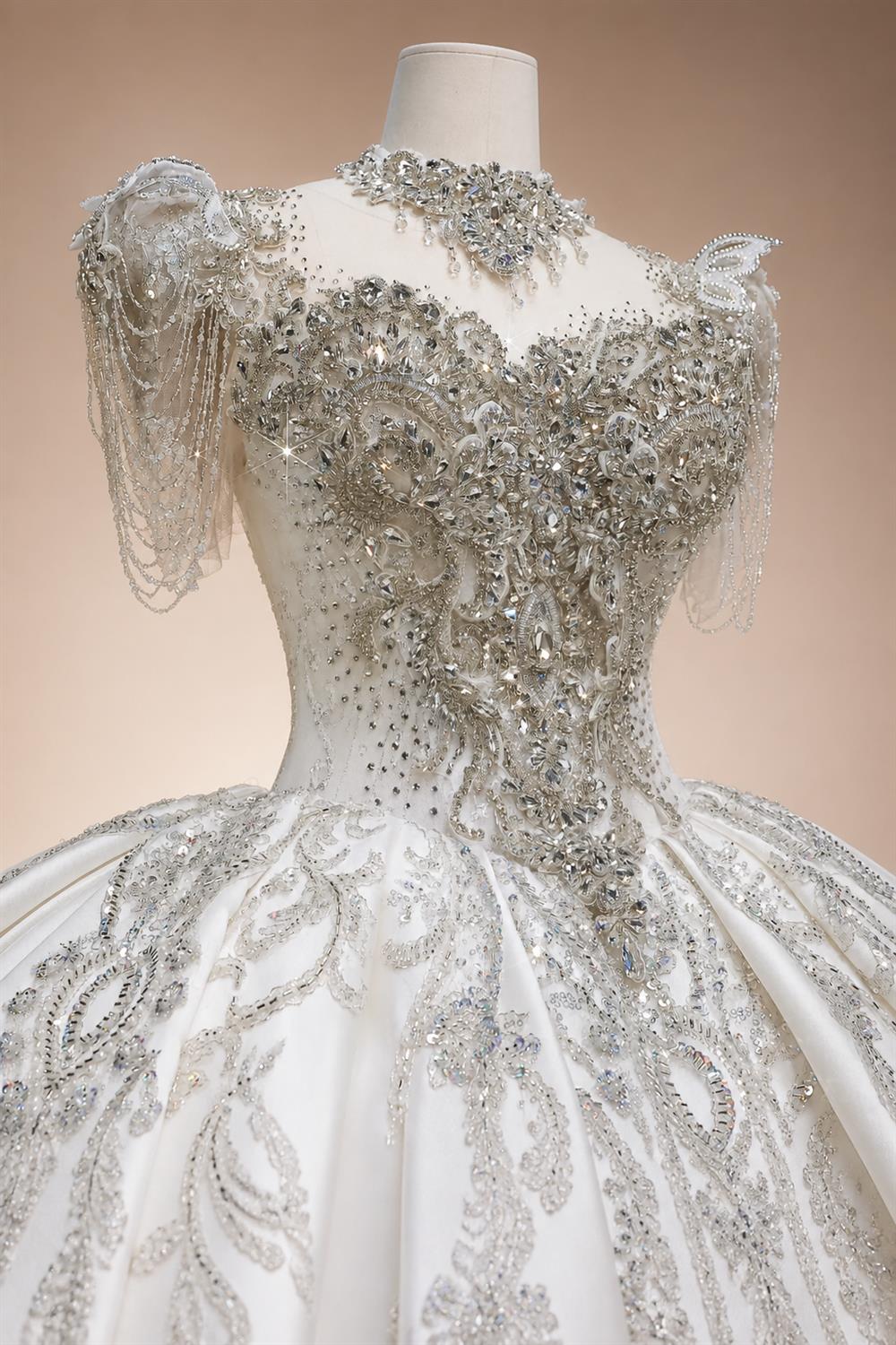Luxury Satin Ivory Ball Gown with Silver Floral Embroidery Wedding Dress ZP165