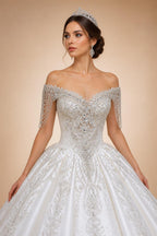 Luxury Satin Ivory Ball Gown with Silver Floral Embroidery Wedding Dress ZP165