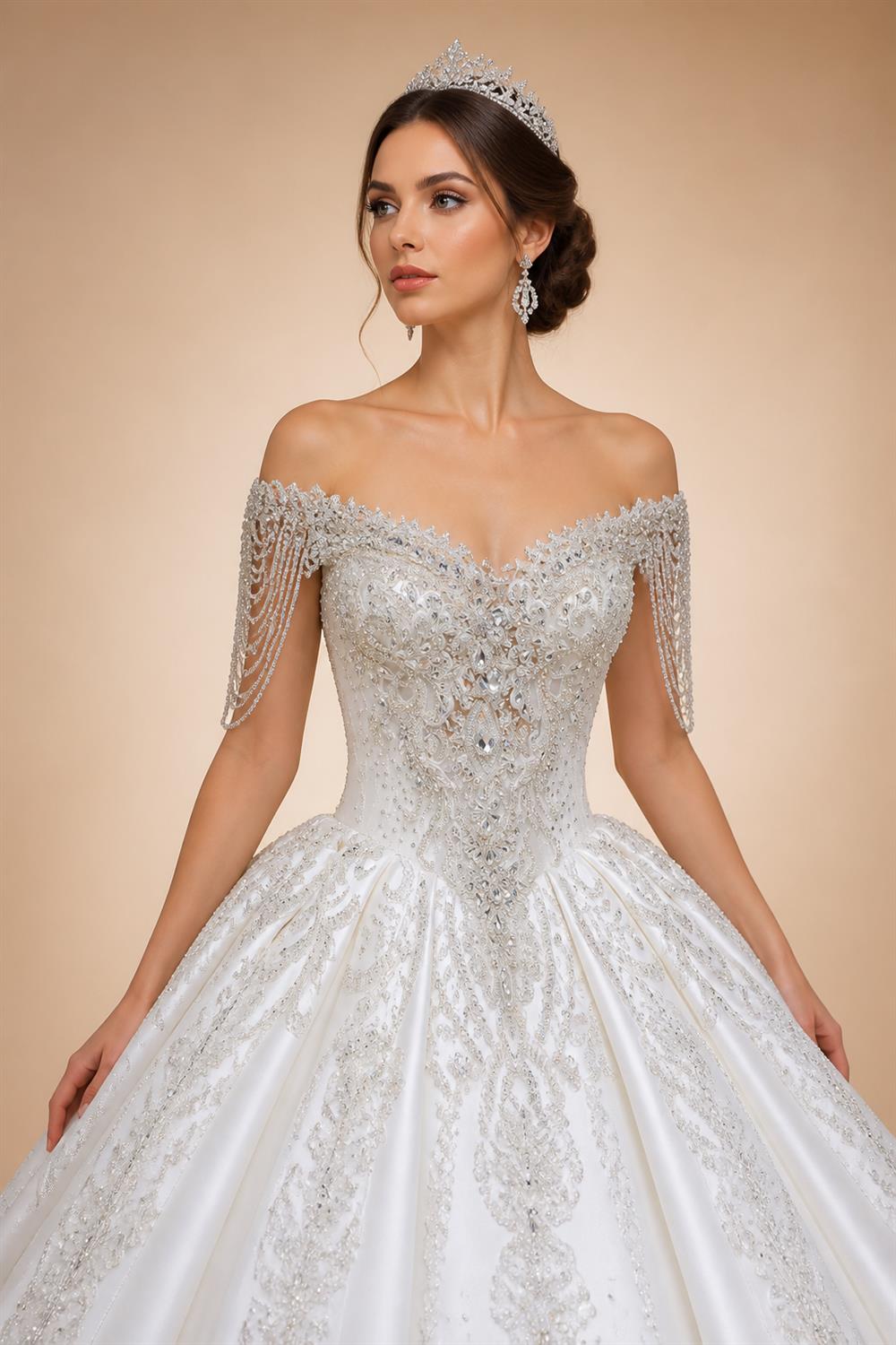 Luxury Satin Ivory Ball Gown with Silver Floral Embroidery Wedding Dress ZP165