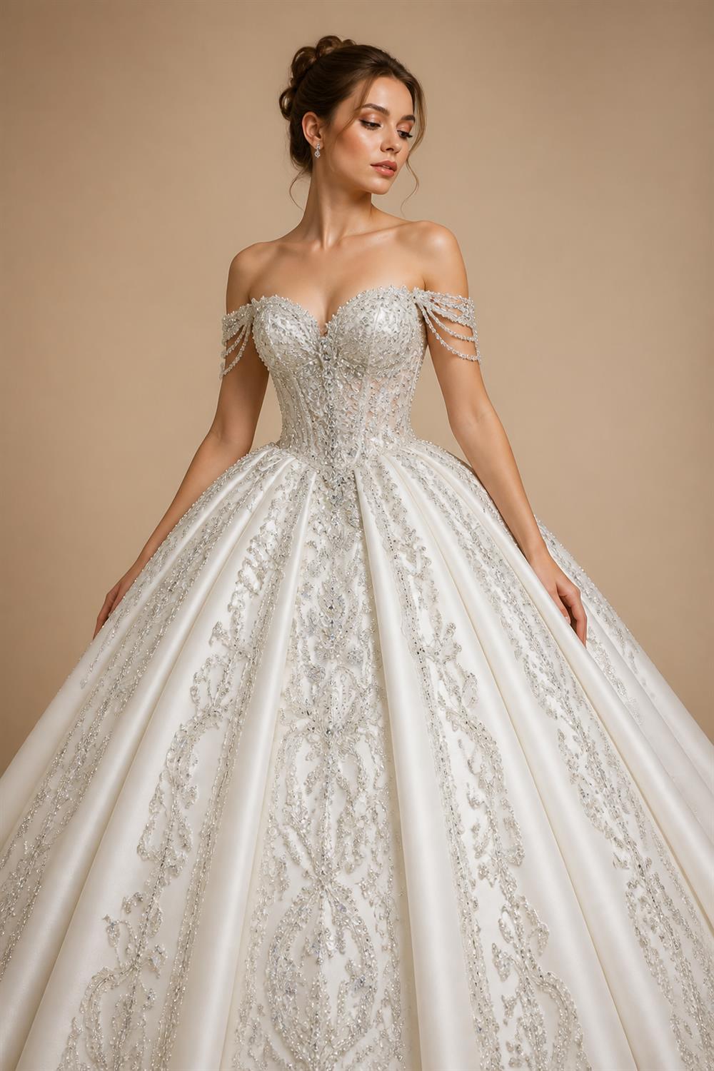 Luxury Satin Ivory Ball Gown with Silver Floral Embroidery Wedding Dress ZP165