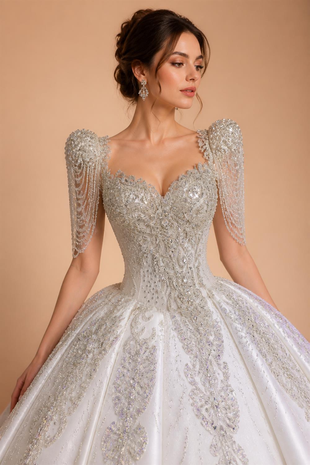 Luxury Satin Ivory Ball Gown with Silver Floral Embroidery Wedding Dress ZP165