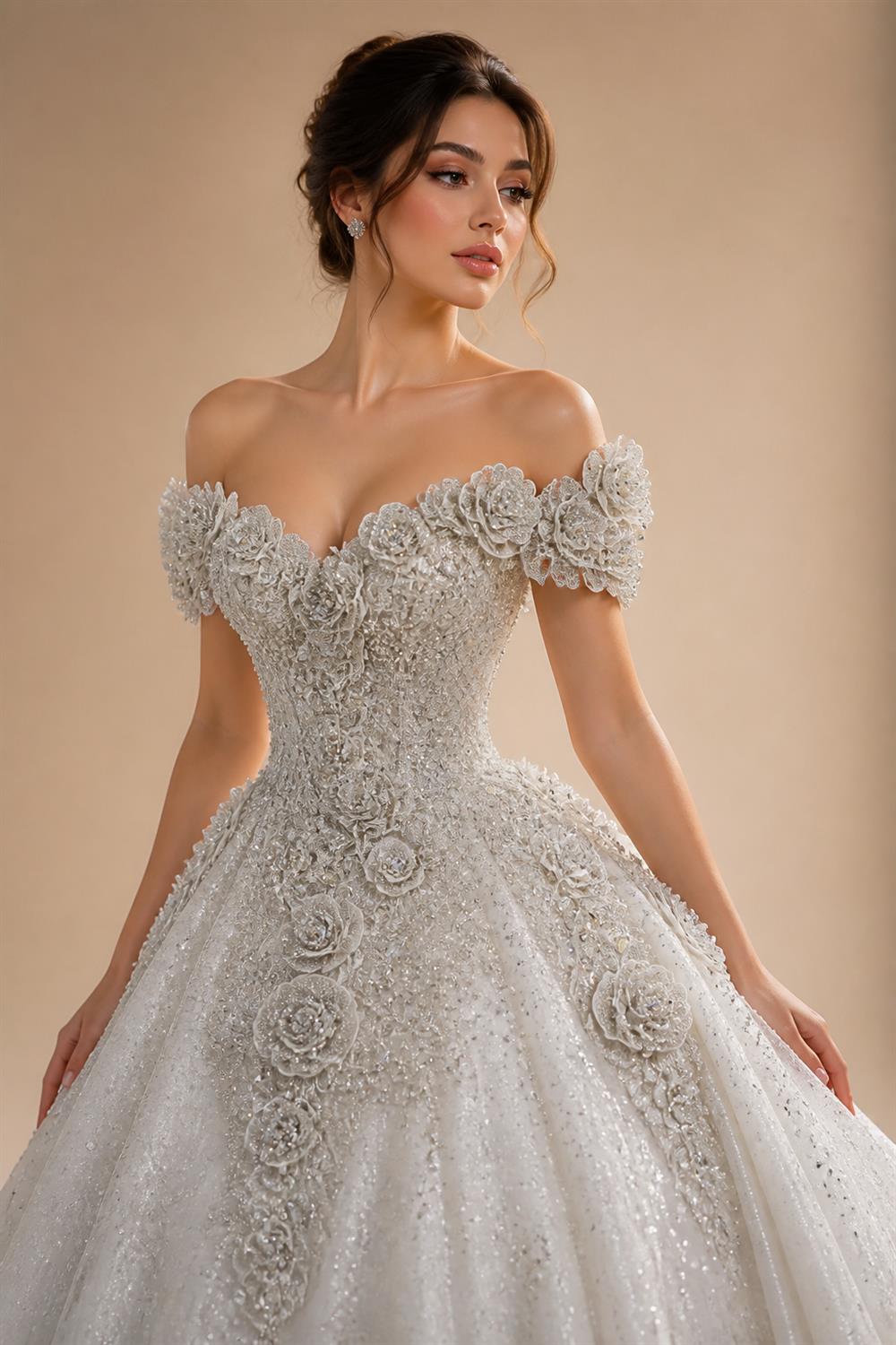 Ivory Luxury Satin Ball Gown with Silver Embroidery Wedding Dress ZP166