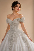 Ivory Luxury Satin Ball Gown with Silver Embroidery Wedding Dress ZP166
