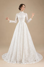 Luxury High Neck Lace Wedding Dress with Overskirt ZP174