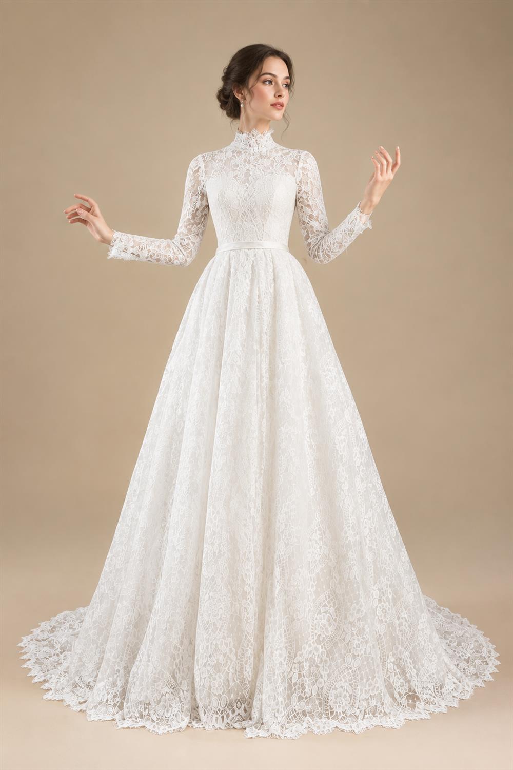 Luxury High Neck Lace Wedding Dress with Overskirt ZP174