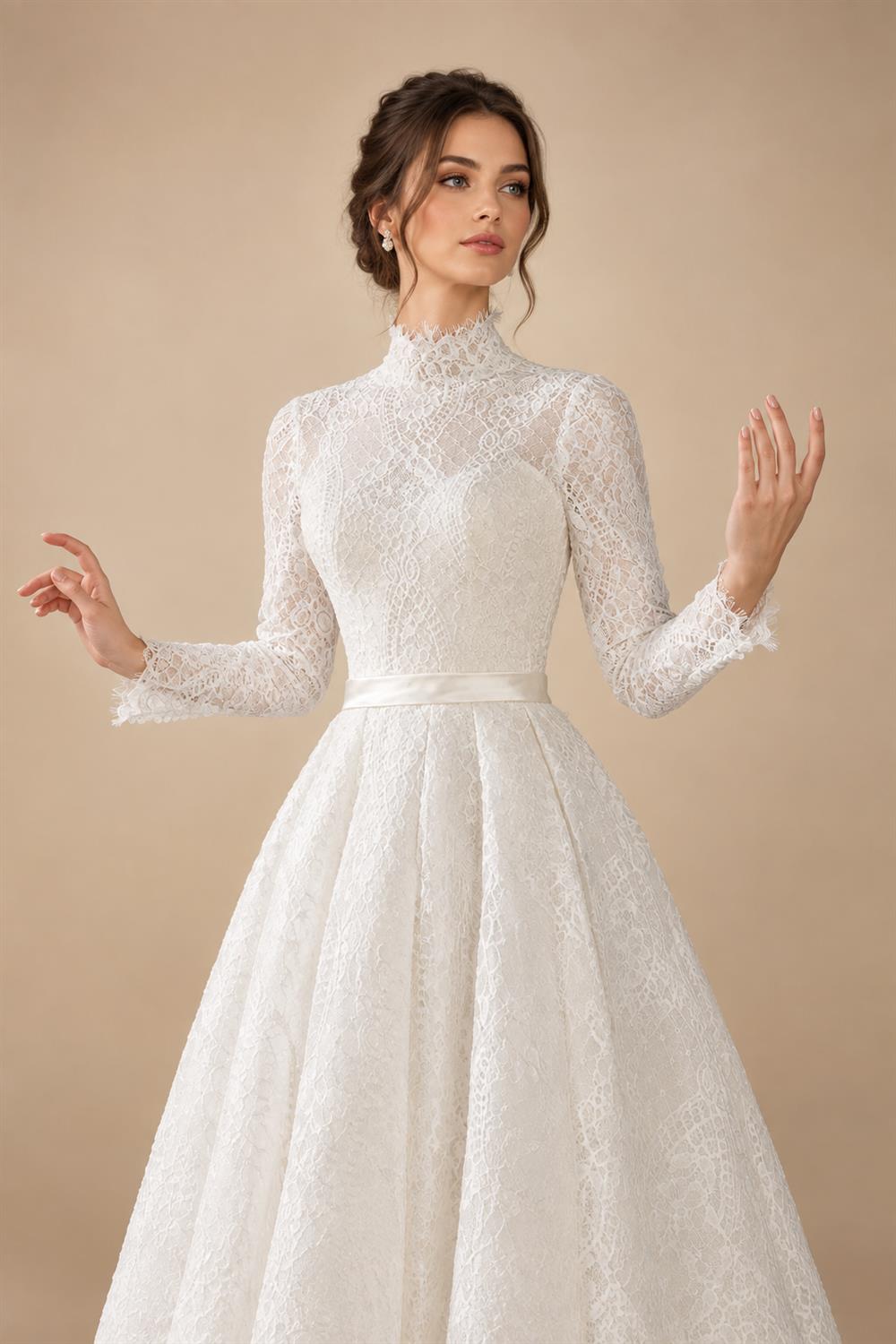 Luxury High Neck Lace Wedding Dress with Overskirt ZP174