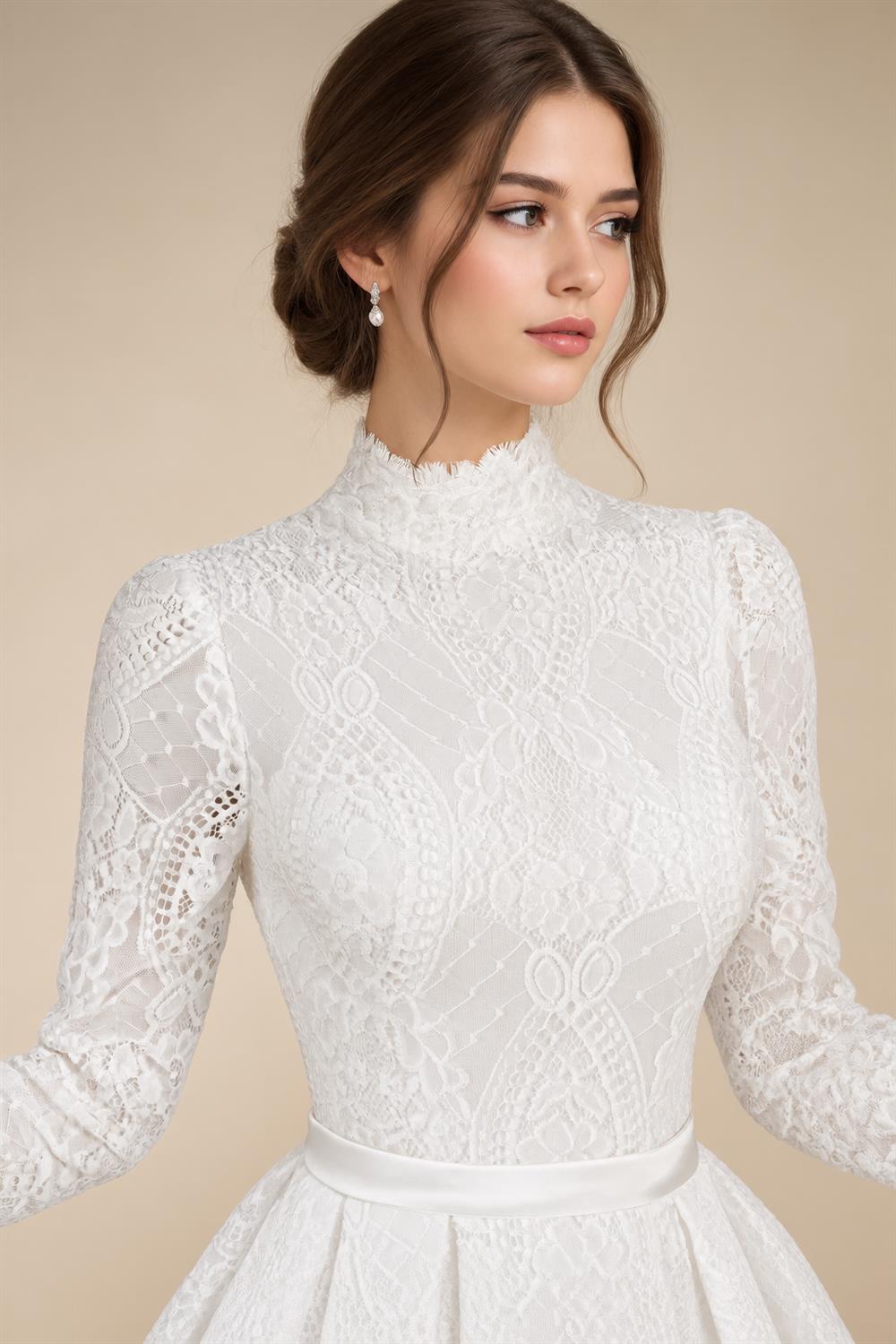 Luxury High Neck Lace Wedding Dress with Overskirt ZP174