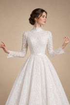 Luxury High Neck Lace Wedding Dress with Overskirt ZP174