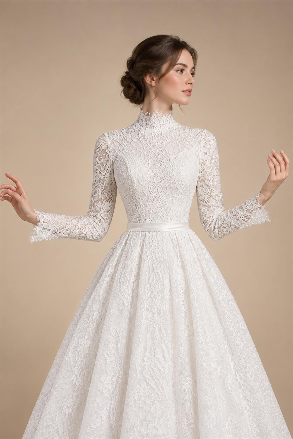 Luxury High Neck Lace Wedding Dress with Overskirt ZP174