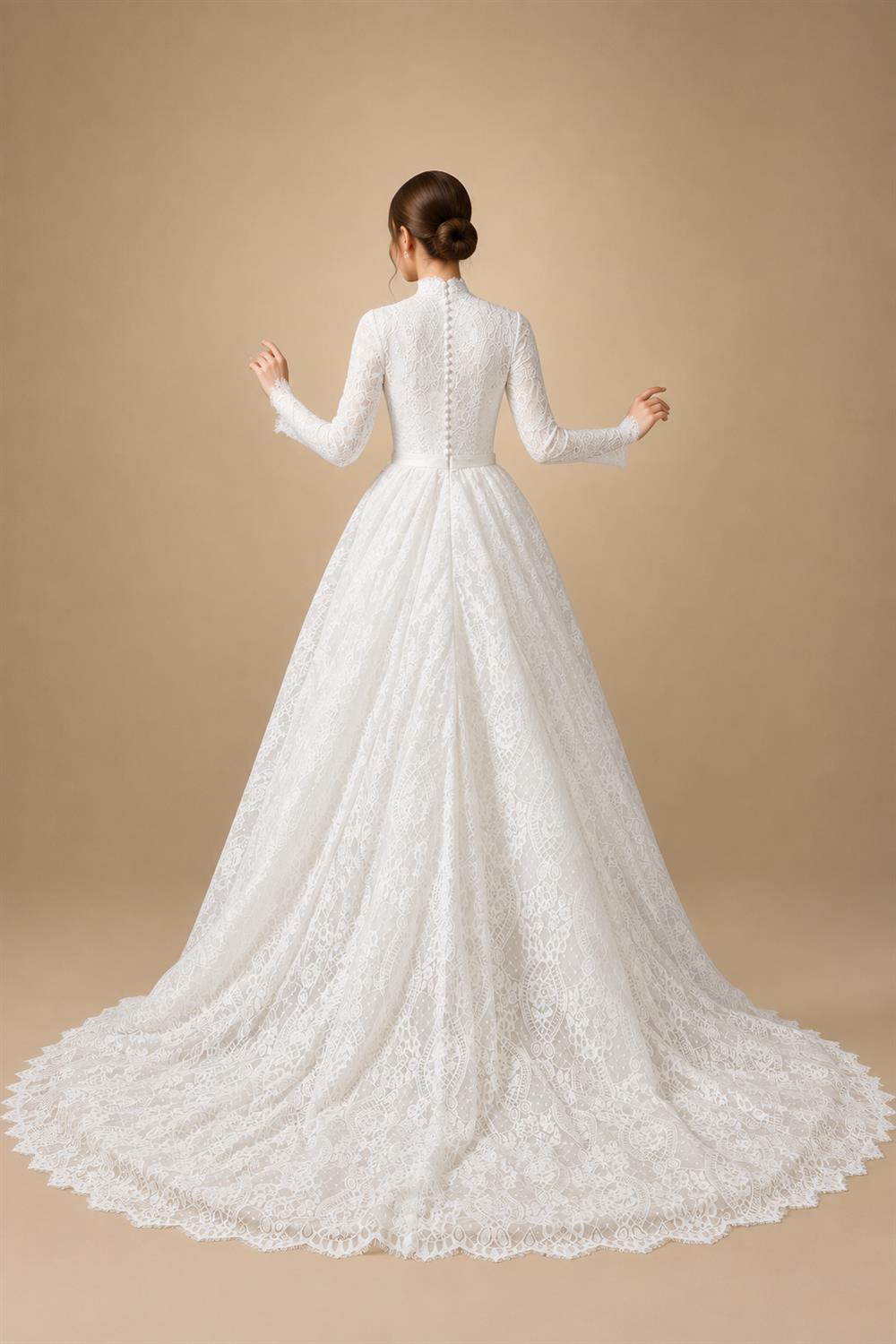 Luxury High Neck Lace Wedding Dress with Overskirt ZP174