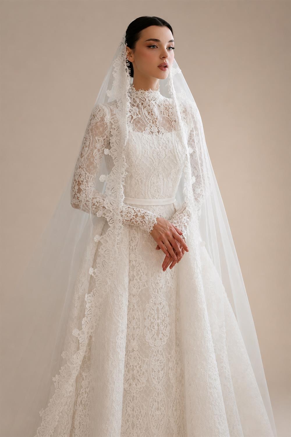 Luxury High Neck Lace Wedding Dress with Overskirt ZP174
