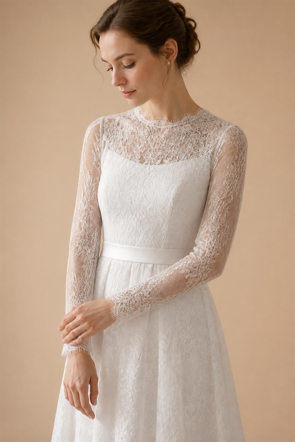 Luxury High Neck Lace Wedding Dress with Overskirt ZP174