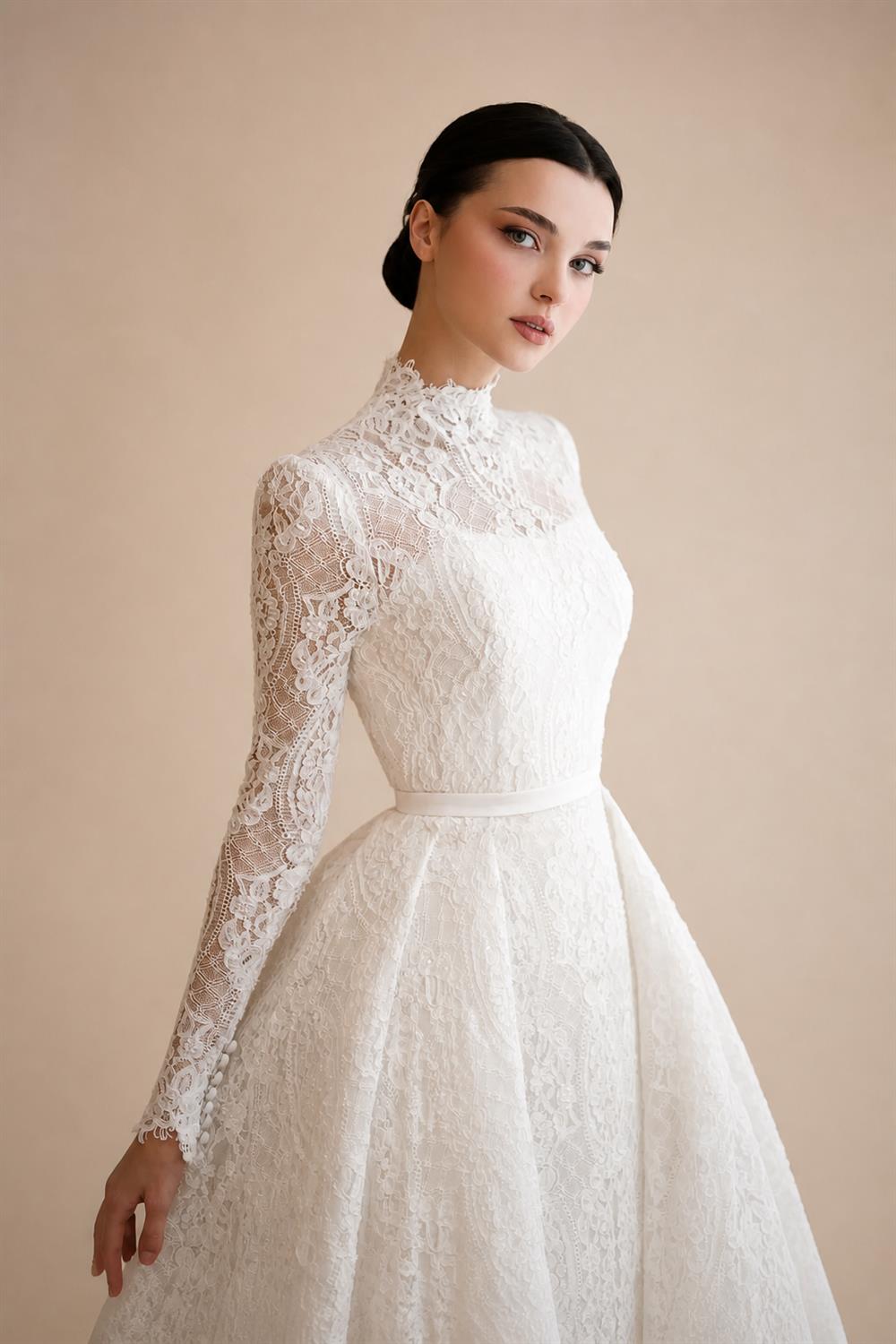 Luxury High Neck Lace Wedding Dress with Overskirt ZP174